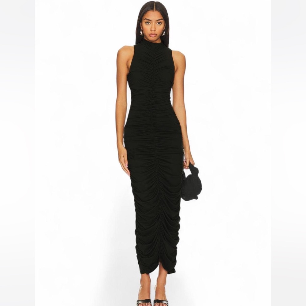 Revolve Susana Monaco Gathered Mock Neck Black Ruched Midi Dress